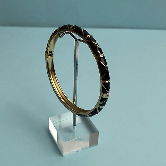 NORDSTROM Sequin Enamel Hinge Bangle Bracelet Clamper Black Gold Tone - Picture 3 of 6